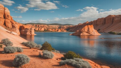 Poster - scenic landscape featuring orange rocks and serene lake providing ample space for text and graphic o
