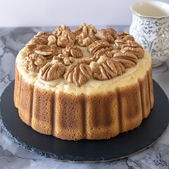 Poster - Round cake with a fluted edge, creamy icing, and a decorative topping of whole walnuts, presented on a dark stone platter.