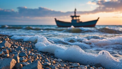Poster - Rocky Seacoast at Sunset with Foamy Waves and Silhouette of Fishing Boat in Background Ideal for Text Overlay and Scenic Nature Themes