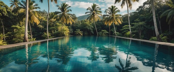 Poster - tranquil infinity pool surrounded by lush tropical forest and palm trees ideal for vacation wellness