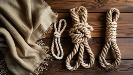 Poster - Hemp fabric and various intricately tied ropes displayed on a rustic wooden surface showcasing natural textures and earthy tones