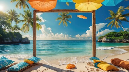 Poster - Tropical Beach Vacation Scene with Colorful Umbrellas and Cozy Cushions Framed by Natural Wood in Sunny Atmosphere