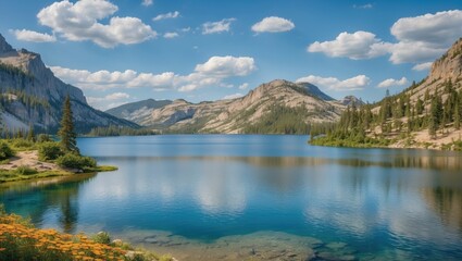 Poster - Scenic Summer Landscape at Lakes National Park with Reflections and Vibrant Wildflowers in a Tranquil Natural Setting