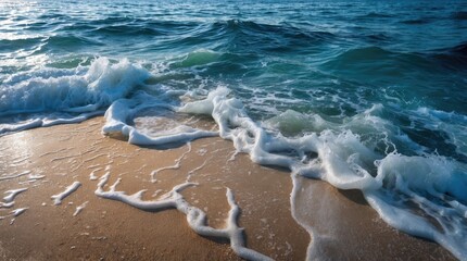 Poster - Serene ocean waves gently lapping against a sandy beach with foam creating intricate textures in sunlight. Perfect for nature and travel themes.