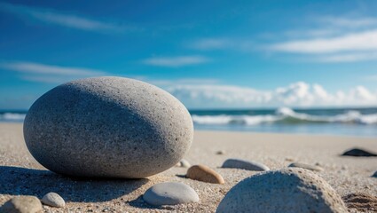 Poster - Smooth Stone on Sandy Beach with Clear Blue Sky and Ocean Waves in the Background Under Bright Natural Light.