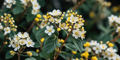 Poster - Hammock Shrubverbena Blooming White and Yellow Flowers with Lush Green Leaves and Text Space for Nature-Themed Designs and Advertisements