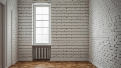Poster - Bright airy white brick interior with wooden flooring and large window, ideal for modern minimalist design or decoration ideas.
