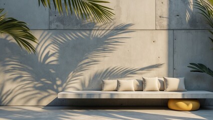 Poster - Tropical Minimalist Interior With Palm Shadows On Concrete Wall Modern Aesthetic Luxury Design For Summer Relaxation And Product Display