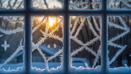 Poster - Intricate ice crystal patterns on a frosted window at sunrise, showcasing winter beauty and the warmth of morning light.