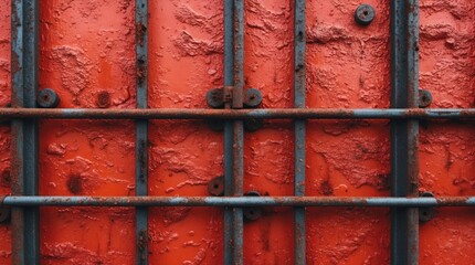 Poster - Rusty red iron wall with textured surface and blue metal bars creating an industrial aesthetic for architectural or artistic presentations.