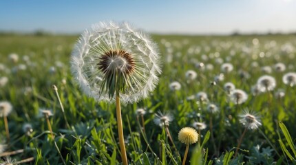 Poster - dandelion in a sunlit meadow showcasing vibrant greenery and delicate seeds ready to disperse in a s