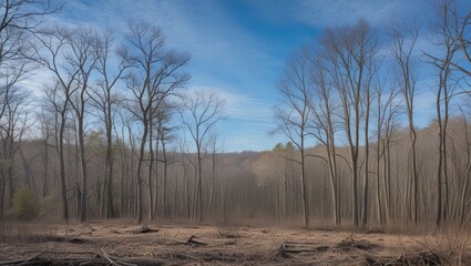 Poster - Leafless forest landscape under a clear blue sky with early spring atmosphere in a tranquil natural setting.