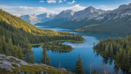 Poster - Majestic View of Serene Lakes Surrounded by Lush Forests and Breathtaking Mountain Ranges in a Tranquil Natural Landscape