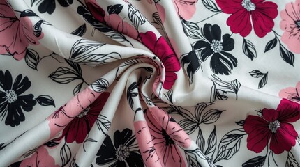 Poster - Floral pattern silk fabric in pink and crimson hues with black and white accents ideal for backdrop, upholstery, and design projects.