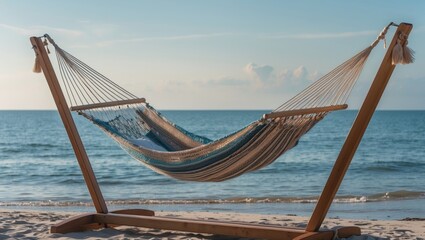 Poster - Hammock on a beach with serene sea view and clear sky ideal for relaxation and tranquility with space for your custom text.