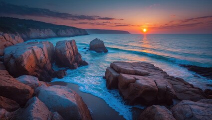 Poster - scenic sunset over rocky coastline with gentle waves and vibrant sky colors capturing the tranquilit