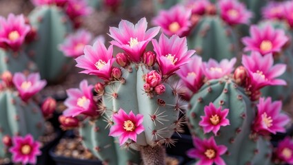 Poster - Vibrant Hot Pink Cactus Blossoms with Lush Green Background and Space for Custom Text or Graphics in a Beautiful Nature Scene