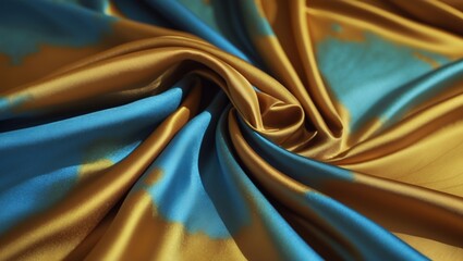 Poster - Vibrant silk fabric with rich blue and golden hues showcasing intricate texture and pattern, ideal for artistic and decorative backgrounds.