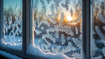 Poster - Frosted window panes with intricate ice crystal patterns against a winter sunrise creating a serene, cozy atmosphere.
