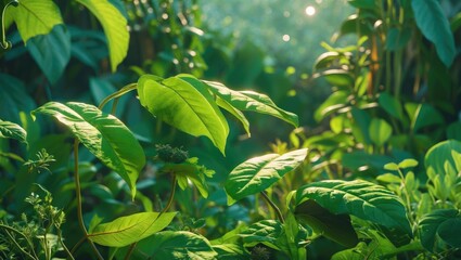 Poster - lush green leaves in a serene garden setting with a bright summer background highlighting nature's b
