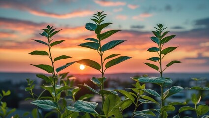 Poster - leafy green plants silhouetted against vibrant sunset sky with space for text overlay in nature back