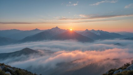 Poster - Serene Mountain Sunset with Misty Layers and Text Space for Nature and Landscape Themes