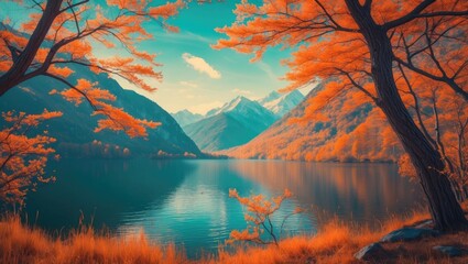 Poster - Serene Lake Surrounded by Majestic Mountains and Vibrant Autumn Foliage in Warm Orange Hues Under a Clear Blue Sky