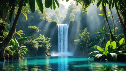 Poster - Tropical jungle scene with a stunning waterfall cascading into a serene blue lake, surrounded by lush greenery and sunlight filtering through leaves.