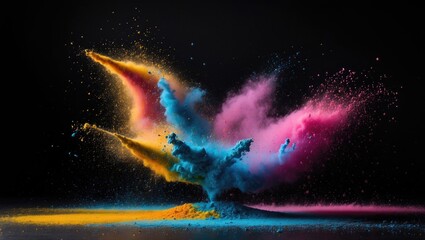 Poster - Vibrant explosion of colorful powder creating dynamic shapes against a black background, capturing energy and creativity in motion