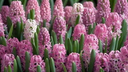 Wall Mural - Pink Hyacinth Flowers in Bloom Surrounded by Green Foliage and Blank Space for Text or Design Elements