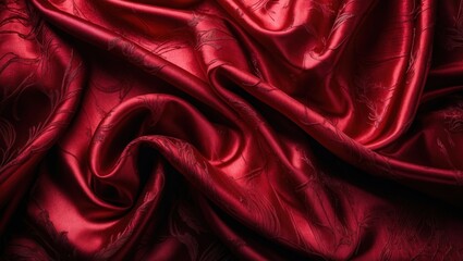 Poster - Luxurious dark red silk fabric texture showcasing elegant waves and folds ideal for backgrounds or textile design projects.