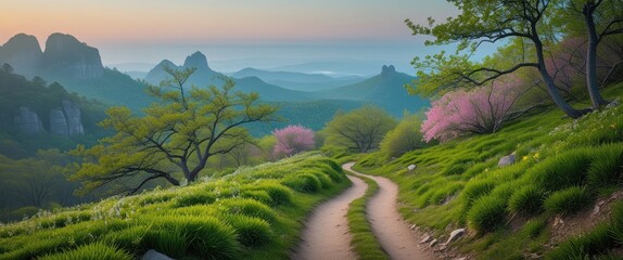Poster - Scenic Spring Hiking Trail Through Lush Greenery and Blooming Trees in South Mountain Landscape
