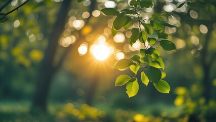 Poster - Soft sunlight filtering through blurred green leaves in a forest, creating a serene bokeh background with warm evening tones and natural ambiance.