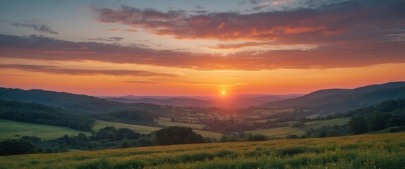 Poster - Serene Sunset Landscape Over Rolling Hills with Expansive Empty Space for Text or Graphics