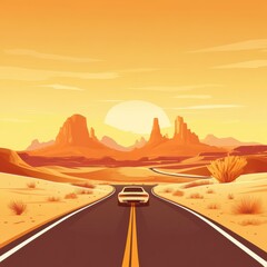 Poster - Driving along a desert road with warm hues and distant mountains under a setting sun. Generative AI