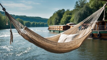 Poster - Hammock Overlooking Serene River With Boat In Background Offering Tranquil Scene And Space For Customizable Text Or Branding