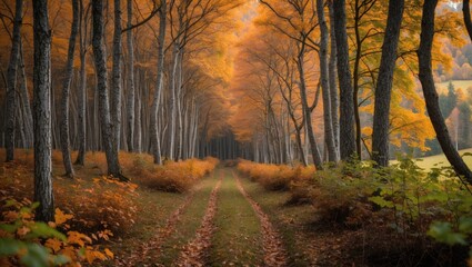 Poster - Autumn landscape of Landes de Gascogne forest showcasing vibrant orange foliage and tranquil path through serene natural surroundings