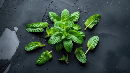 Fototapete - Fresh Green Mint Leaves Arranged on Dark Concrete Surface with Space for Text in Culinary or Aromatic Context.
