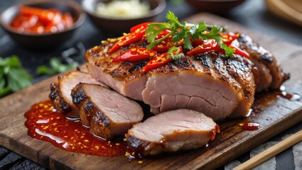 Aufkleber - Succulent Grilled Pork Slices with Spicy Sauce and Fresh Red Chili Garnish on Wooden Platter Ready for Serving