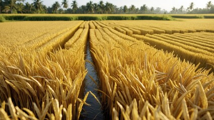 Aufkleber - Golden Rice Field with Lush Greenery Under Bright Sunlight on a Clear Day