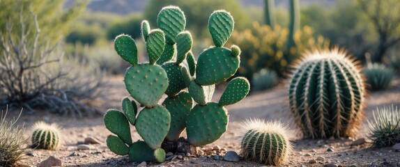 Leinwandbilder - Vibrant Green Cacti in a Desert Landscape with Natural Background and Copy Space for Text Display