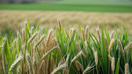 Poster - Lush Green Field of Winter Wheat with Golden Grain Under Clear Spring Sky