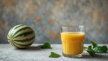 Poster - Fresh Melon Juice in a Glass with Whole Melon and Mint Leaves on a Textured Background Ideal for Beverage Promotions and Marketing Materials