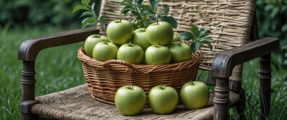 Aufkleber - Fresh Green Apples in a Wicker Basket on a Garden Chair Surrounded by Lush Green Grass Organic Produce with Space for Text