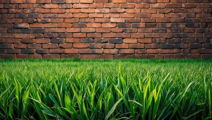 Aufkleber - Lush green grass contrasted against a rustic brick wall texture in a vibrant outdoor setting ideal for backgrounds and design elements.