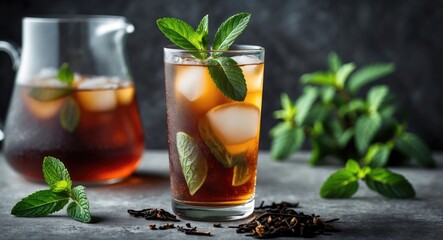 Aufkleber - Refreshing iced tea with mint and ice cubes, paired with a pitcher and mint leaves, featuring ample empty space for promotional text.