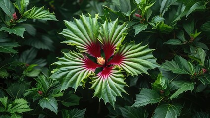 Poster - Vibrant hibiscus leaves with jagged edges showcasing lush green tones and striking red markings in a tropical botanical setting.