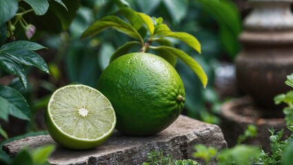 Aufkleber - Vibrant Green Lime and Sliced Half Displayed Amid Lush Garden Foliage and Natural Light