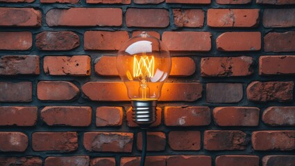 Poster - Illuminated vintage light bulb glowing against rustic red brick wall creating a warm and inviting atmosphere in interior decor.
