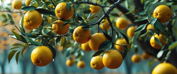 Poster - Yellow Oranges Hanging From Tree Branches With Lush Green Leaves In Autumn Season Natural Background For Text Space